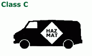 "Véhicule de classe C" portant un panneau indiquant "Hazmat".