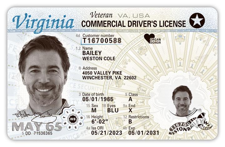 Virginia Over 21 Commercial Driver's License, REAL ID Compliant, Veteran Indicator (en anglais)
