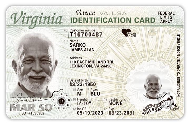 Carte d’identité de Virginia pour les personnes âgées de plus de 21, non conforme à la norme REAL ID, avec mention « ancien combattant »