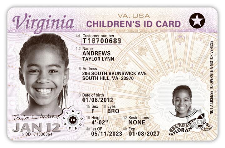 Carte d'identité des enfants de Virginie, conforme à REAL ID