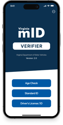 L'écran du téléphone de l'application Virginia mID Verifier montre la vérification de l'âge, l'identification standard et les options de permis de conduire/identification.