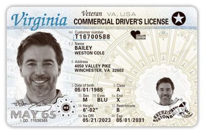 Virginia Over 21 Commercial Driver's License, REAL ID Compliant, Veteran Indicator (en anglais)